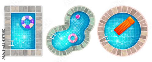 Top view on pools of different shapes with inflatable rings and mattress on blue water with ripple effect. Cartoon vector set of bottom summer outdoor swimming objects with floating rubber toys.