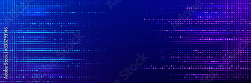 Game glitch background, vector pattern with blue and purple disrupted horizontal lines, dots and digital pixelated noise that emulate visual disruption or glitch effect in video games or digital media