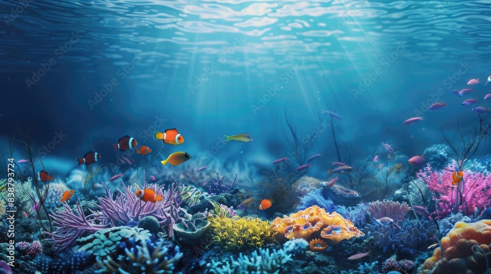 Fototapeta premium Underwater with colorful sea life fishes and plant at seabed background, Colorful Coral reef landscape in the deep of ocean. Marine life concept