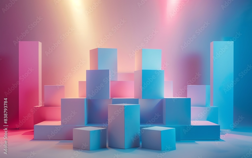 Contemporary pedestal setup, pastel hues, bright illumination, white boxes of different sizes, symmetrical composition, elegant package showcase Contemporary pedestal setup, pastel hues, bright illumination, white boxes of different sizes, symmetrical composition, elegant package showcase