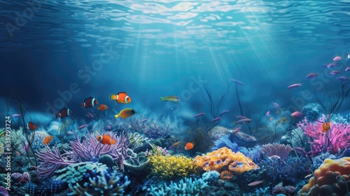 Fototapeta Naklejka Na Ścianę i Meble -  Underwater with colorful sea life fishes and plant at seabed background, Colorful Coral reef landscape in the deep of ocean. Marine life concept