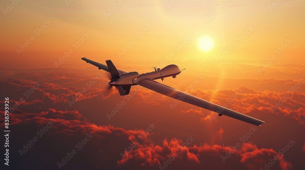 Fototapeta premium Unmanned military drone on patrol air territory at high altitude at sunset.