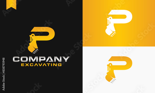 excavator letter P logo design excavating vector template illustration