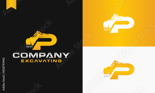 excavator letter P logo design excavating vector template illustration