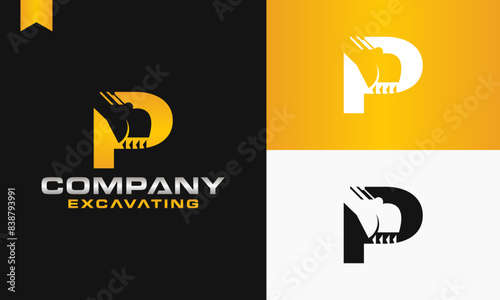 excavator letter P logo design excavating vector template illustration