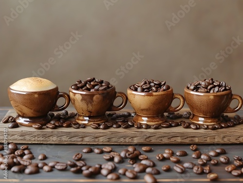 Tempting Coffee Beans Display in Rustic Wooden Cups on Table