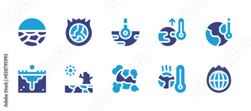 Climate change icon set. Duotone color. Vector illustration. Containing drought, globalwarming, climatechange, pollution, permafrost.