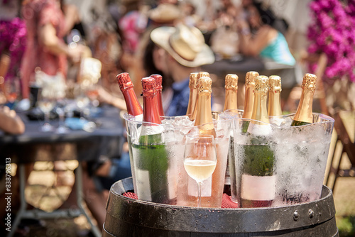 Elegant outdoor celebration with chilled champagne bottles