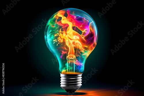 Creative light bulb explodes with colorful paint and colors. New idea, brainstorming concept 
