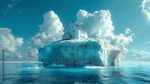 Arctic Dreamscapes: Cottagecore House on Iceberg Amidst a Sea of Majestic Icebergs, Hyperrealistic Photography photo