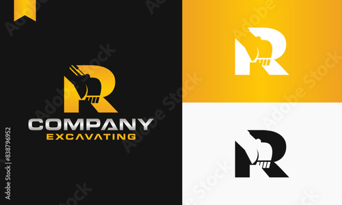 excavator letter R logo design excavating vector template illustration