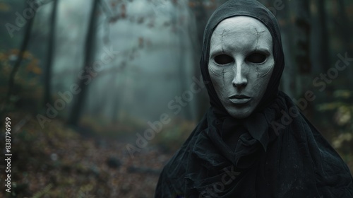 Enigmatic Genderuwo Entity in Eerie Black Dress - Horror Cinematic Portrait in Dark Forest Setting