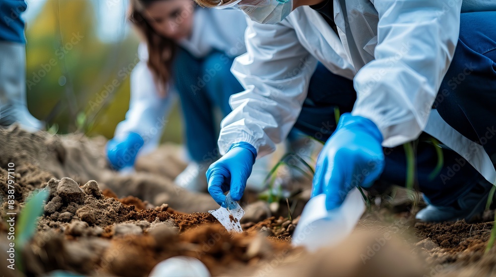 Naklejka premium A forensic team of detectives and experts examining a crime scene, collecting evidence, and analyzing soil and other proof in a homicide investigation