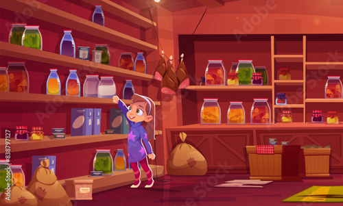Little girl in basement storage room reach out to pick up glass jar of juice. Cartoon vector child in pantry room interior with wooden shelves, glass bottles, boxes and sacks with food and drinks.