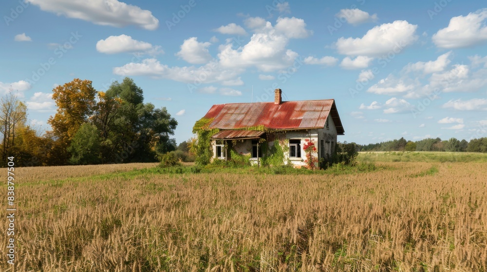 View of a rustic farmhouse in a field. View of a rustic farmhouse in a field.