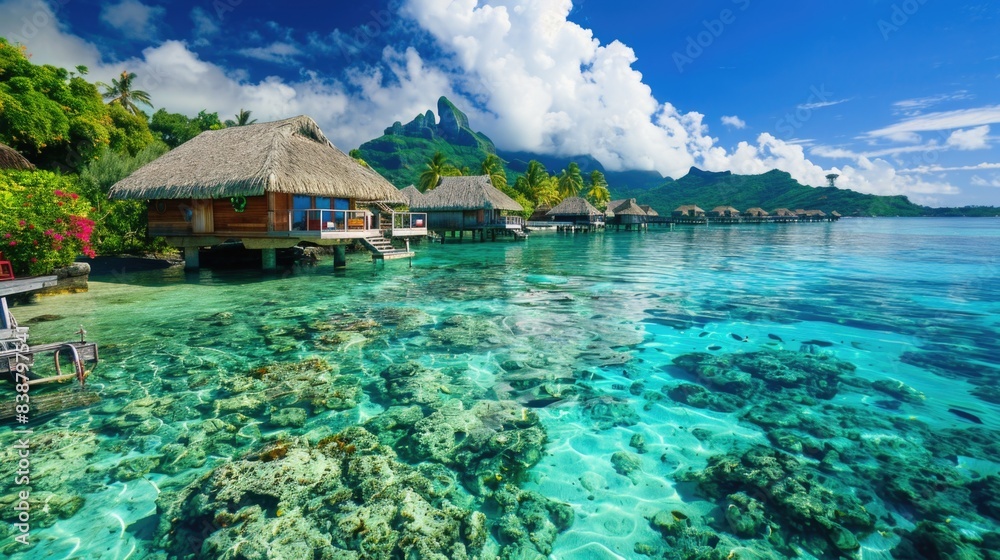 View of Bora Bora island with clear water and overwater bungalows