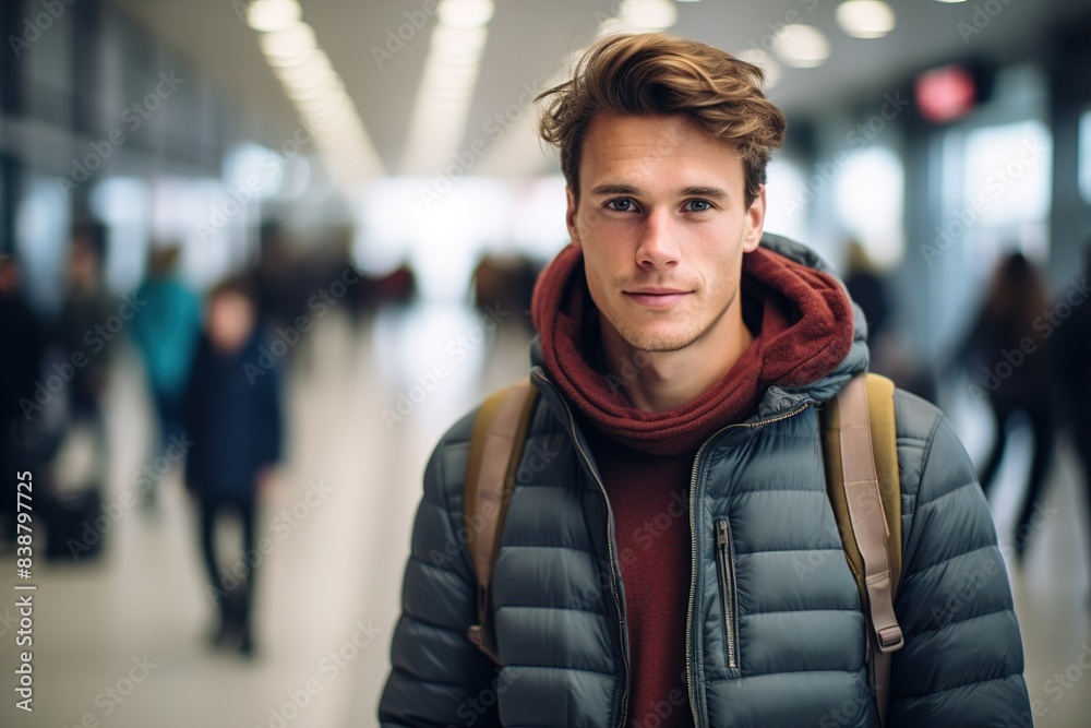 A young man wearing a red hoodie and a backpack stands in a busy hallway A young man wearing a red hoodie and a backpack stands in a busy hallway