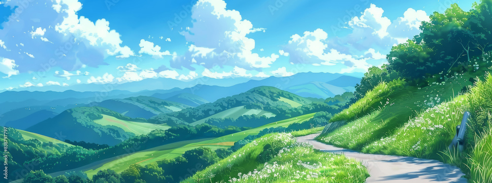 Beauty of sprawling highway cutting through breathtaking landscapes, featuring rolling hills, distant clouds, and vivid blue sky. It's Imagination by Ditigal watercolor painted artwork. Beauty of sprawling highway cutting through breathtaking landscapes, featuring rolling hills, distant clouds, and vivid blue sky. It's Imagination by Ditigal watercolor painted artwork.
