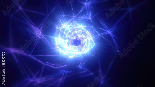 Abstract bright blue glowing background with a tunnel of lines and stripes of energy of burning rays of plasma and electricity with light