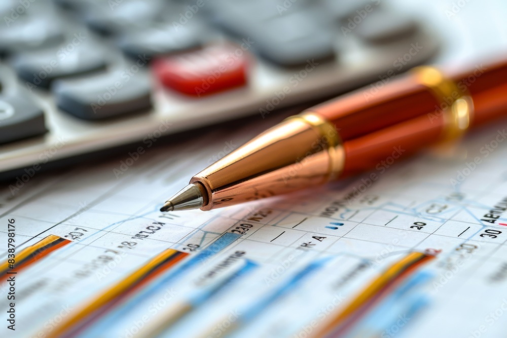 close up selective focus pen, documents with invoices and charts and calculator, market research, marketing plan, planning process, paying bills close up selective focus pen, documents with invoices and charts and calculator, market research, marketing plan, planning process, paying bills
