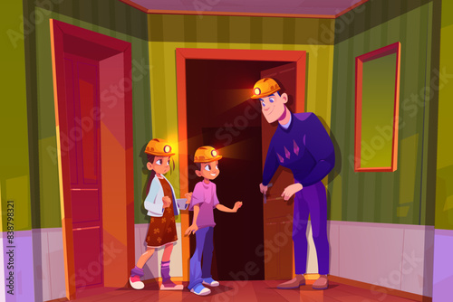 Father and teenage children play miners and researchers. Cartoon vector dad and teen kid boy and girl in worker helmets with headlight entering basement. Parent teach child about profession.