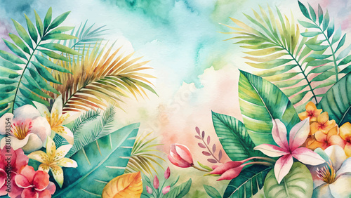 Watercolor background of exotic flowers