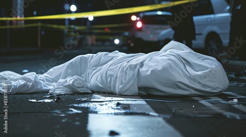 Forensic Investigation of a Covered Dead Body at a Crime Scene: Homicide Victim Under White Sheet, Evidence and Law Enforcement Present