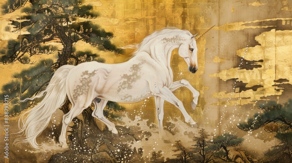 Vintage traditional Japanese painting white horse
