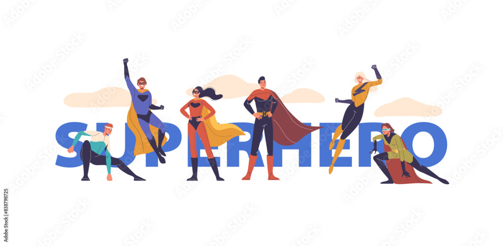 Diverse Superhero Characters In Dynamic Poses Captures The Essence Of Teamwork, Heroism And Strength, Vector Poster Diverse Superhero Characters In Dynamic Poses Captures The Essence Of Teamwork, Heroism And Strength, Vector Poster