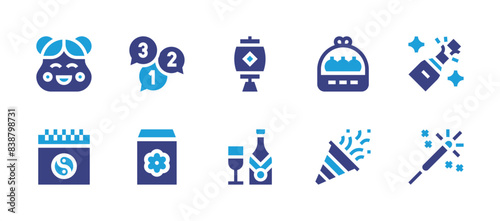 New Year icon set. Duotone color. Vector illustration. Containing countdown, chinesemask, calendar, redenvelope, basket, uncork, champagne, sparkler, confetti, chineselantern.