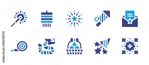 New Year icon set. Duotone color. Vector illustration. Containing fireworks, newyearcard, chineselantern, fruit, confetti, blower, sparkler, dragon. photo