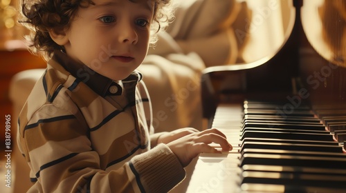 Thoughtful young boy learning to play the piano at home. photo