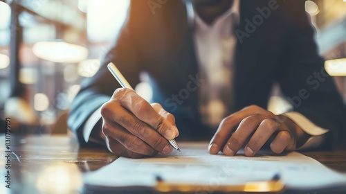 Businessman in suit writing on document at desk in office