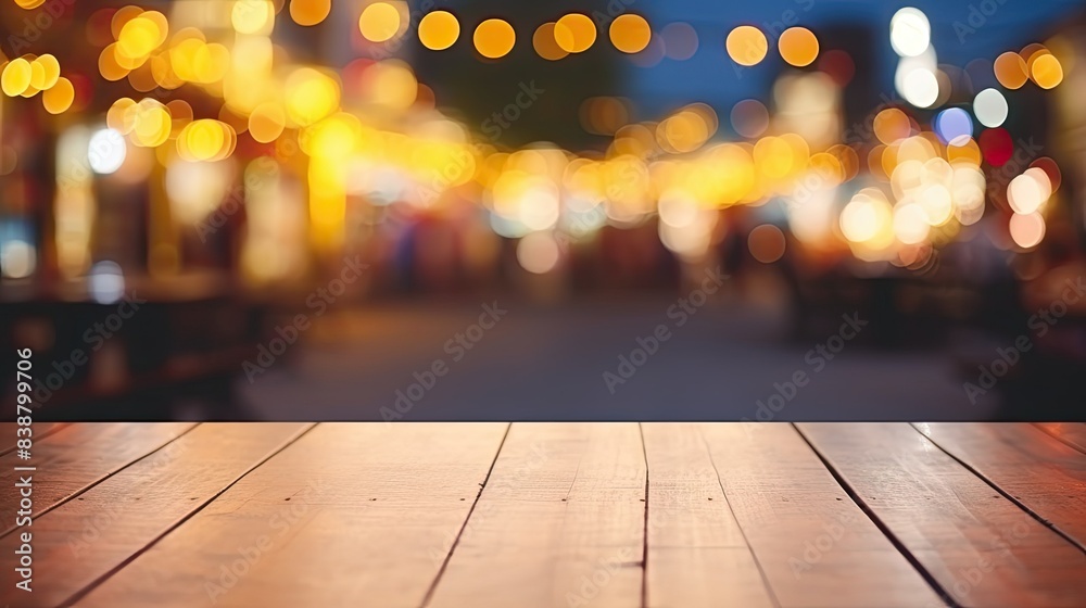 blur bokeh night festival warm light cool chill party in walking street. background with wooden table top for product display montage. blur bokeh night festival warm light cool chill party in walking street. background with wooden table top for product display montage.