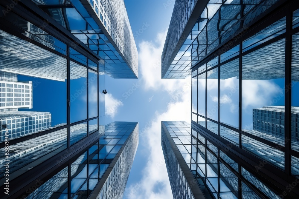 Obraz premium Modern glass skyscrapers. Urban city architecture. Skyline view from bottom to top