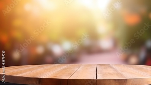 Blur festival background with wooden table top for product display montage. photo