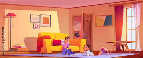 Bored teen kids in living room. Cartoon vector livingroom interior with sofa and lamp, pictures on wall and window with curtains. Uninterested unhappy teenage boy and girl on home floor carpet.