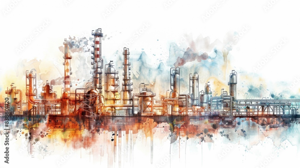 Watercolor drawing paint of industry zone, refinery power plant energy station for stored, petrochemical industrial Watercolor drawing paint of industry zone, refinery power plant energy station for stored, petrochemical industrial