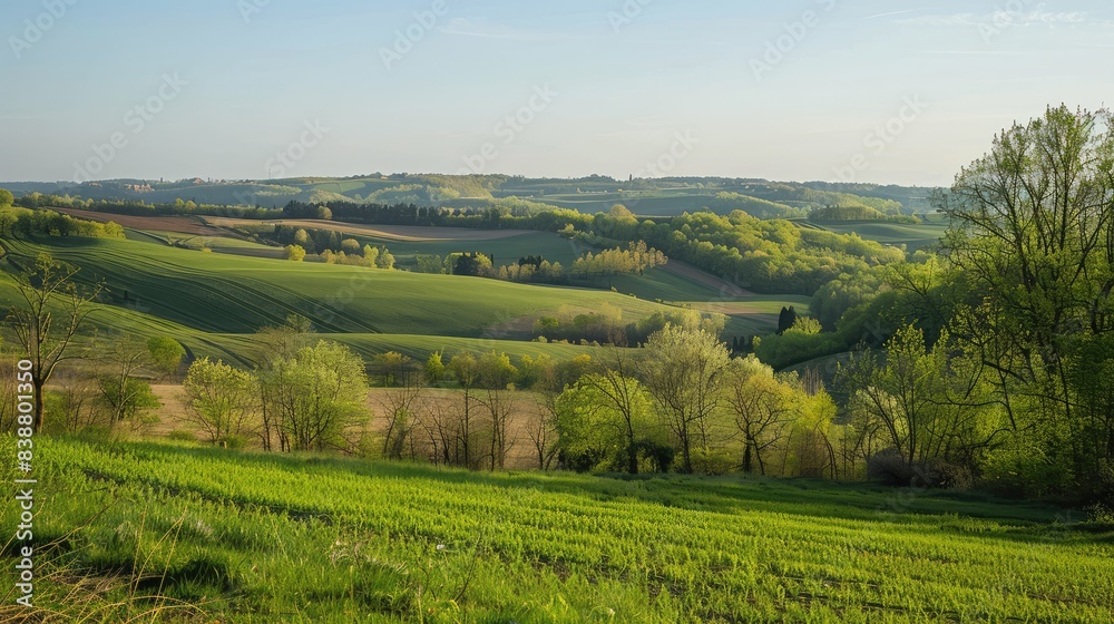 Lush green field framed by trees and rolling hills Lush green field framed by trees and rolling hills