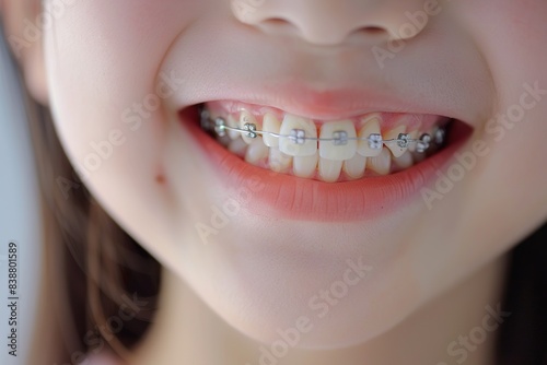 Beautiful smiling Asian child close-up mouth and lips, wearing braces, white background, healthy and white teeth