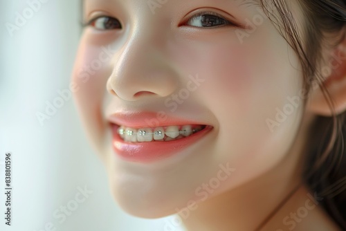 Beautiful smiling Asian child close-up mouth and lips  wearing braces  white background  healthy and white teeth