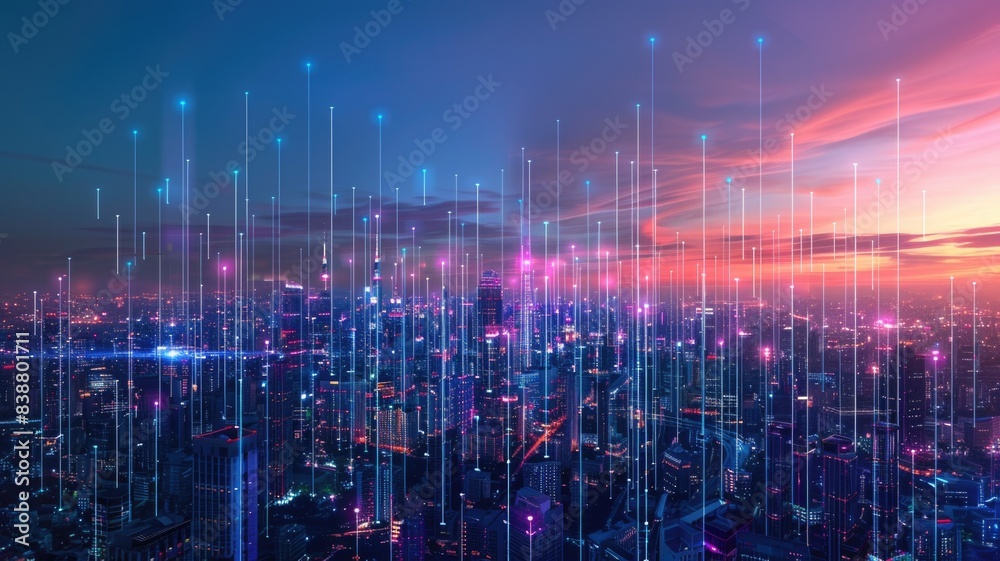 futuristic cityscape with a network of laser beams representing high-speed optical communication links connecting buildings futuristic cityscape with a network of laser beams representing high-speed optical communication links connecting buildings