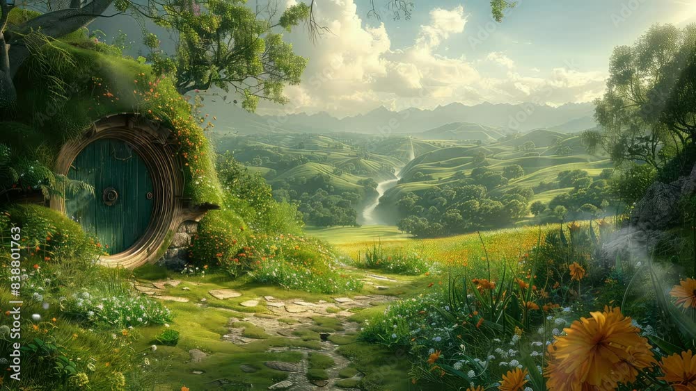 Animation Enchanted Countryside with Hidden Hobbit Home  generated with ai 