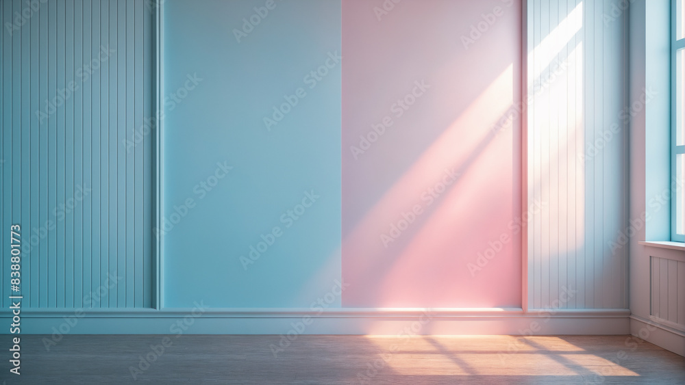 blurred shadow on blue and pink wall and wooden floor. Beautiful pastel background blurred shadow on blue and pink wall and wooden floor. Beautiful pastel background