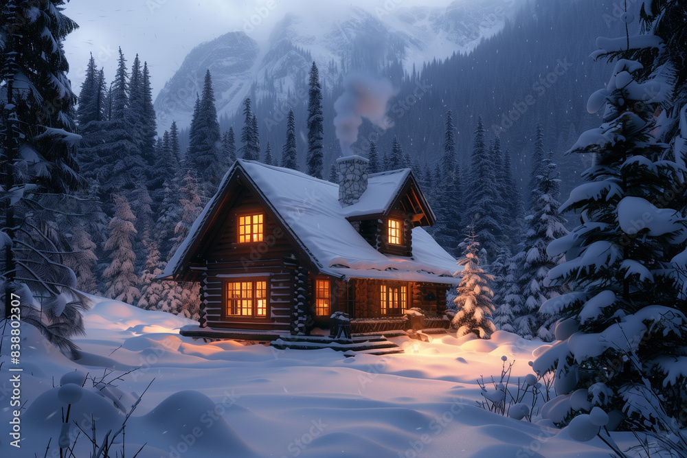 Fototapeta premium Cozy Rustic Cabin in Snowy Mountains