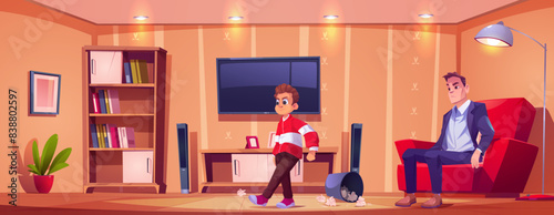 Dispute between son and father. Cartoon vector illustration of teen boy kicks and overturns wastebasket with crumpled papers and walks away from room where angry and embarrassed young man is sitting.