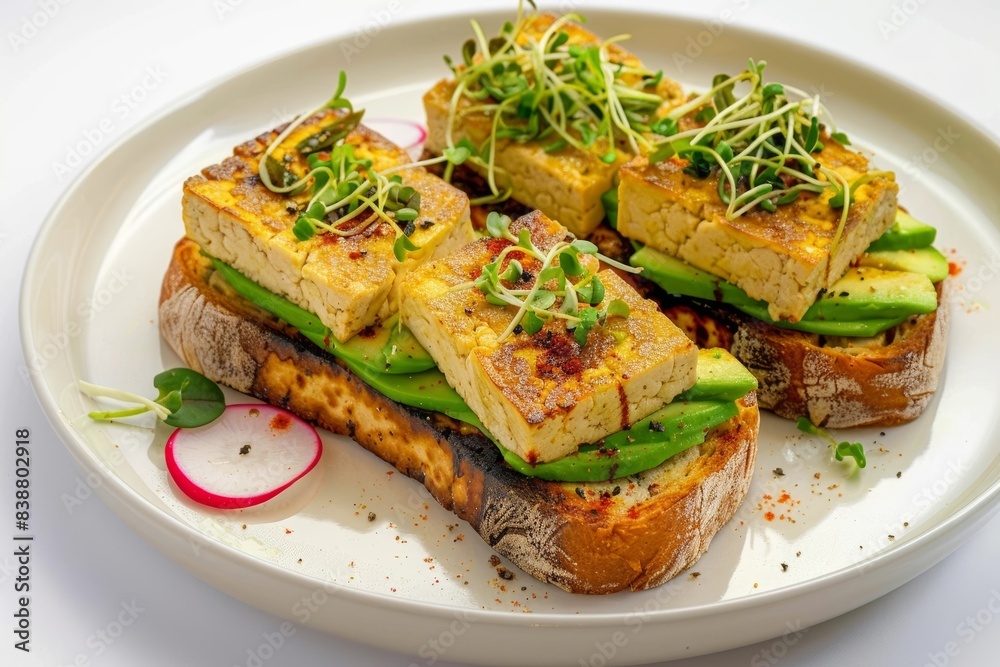 Vibrant Avocado Tofu Toast with Fresh Sprouts and Radishes Vibrant Avocado Tofu Toast with Fresh Sprouts and Radishes