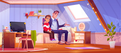Father support teenage son. Cartoon vector man hug put hand on teen kid boy shoulder and talking. Male parent speaking to child sitting in attic bedroom. Family relationships and communication