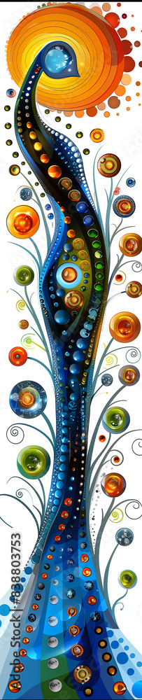 Obraz premium A colorful tree with a blue trunk and many flowers. The tree is very tall and has a lot of different colored flowers. The colors are bright and vibrant, giving the tree a lively