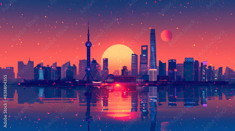 the night of Shanghai city and skyline, sunset, building and lights, Oriental Pearl Tower, Lujiazui silhouette the night of Shanghai city and skyline, sunset, building and lights, Oriental Pearl Tower, Lujiazui silhouette